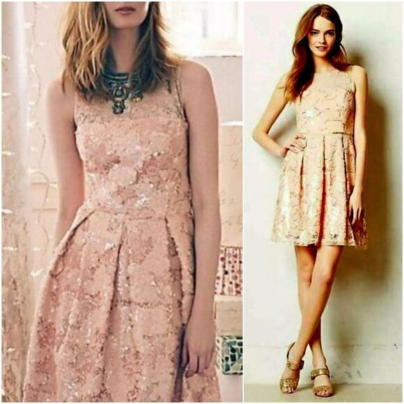 ANTHROPOLOGY Eva Franco Short Prom Dress Sequins A-Line Formal Peach Pink Size 4 - Picture 2 of 15